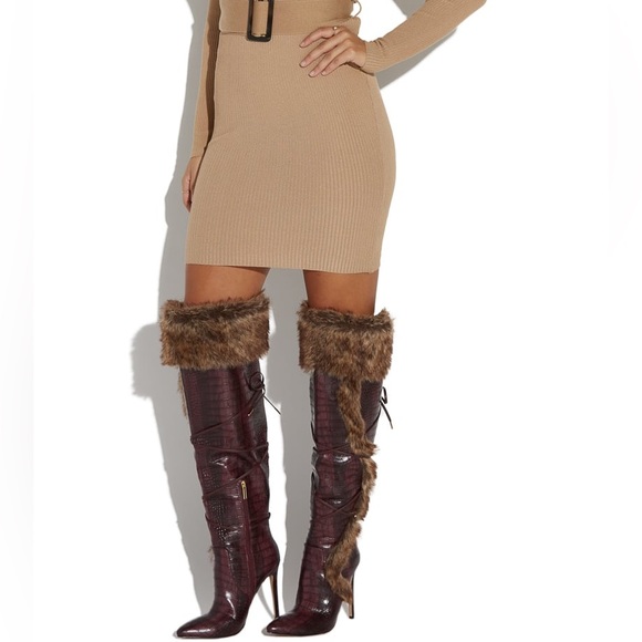 Shoedazzle Sheryl Faux Fur Stiletto Knee-High Heeled Boot - Picture 4 of 13